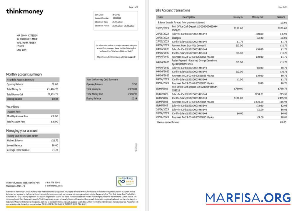 Printable United Kingdom Think Money bank statement word 3 pages 1 2 real example